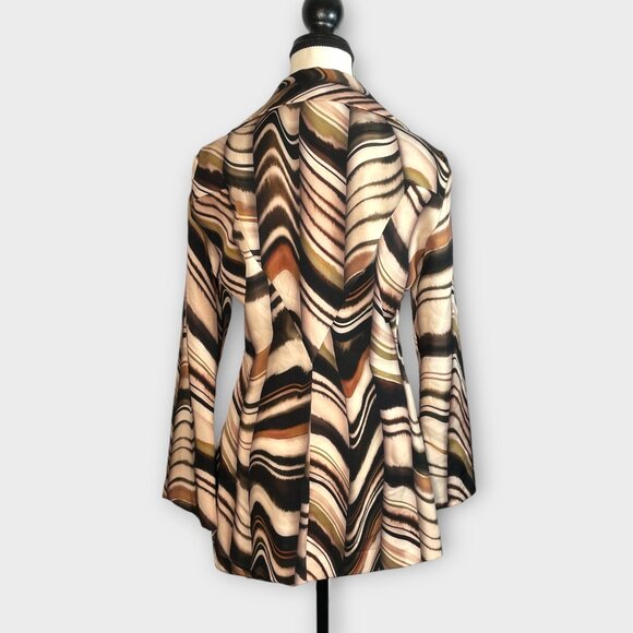 Zara Tunic Top MEDIUM Brown Black Swirled Stripes Ruched Waist - Picture 3 of 10